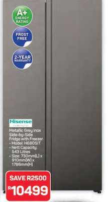 Hisense Metallic Grey Inox Side-by-Side Fridge with Freezer