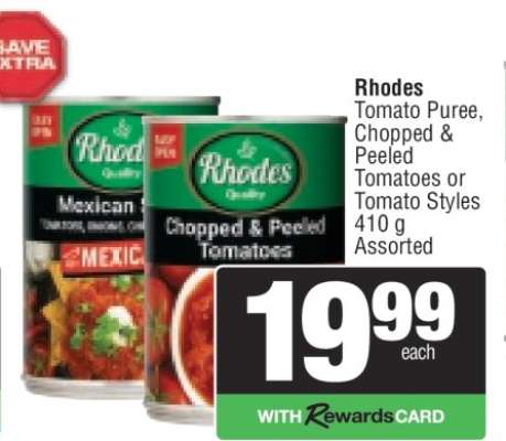 Rhodes Tomato Puree, Chopped & Peeled Tomatoes or Tomato Styles