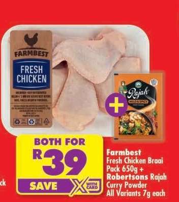 Farmbest Fresh Chicken Braai Pack 650g + Robertsons Rajah Curry Powder