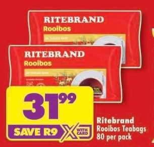 RITEBRAND ROOIBOS TEABAGS 80 per pack