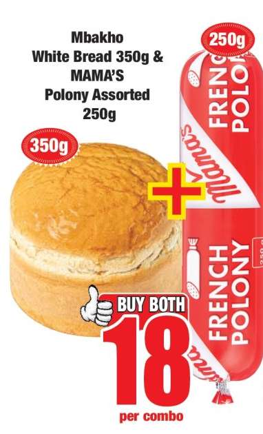 Mbakho White Bread 350g & MAMA’S Polony Assorted 250g