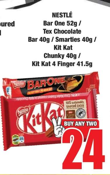 NESTLÈ Bar One 52g / Tex Chocolate Bar 40g / Smarties 40g / Kit Kat Chunky 40g / Kit Kat 4 Finger 41.5g