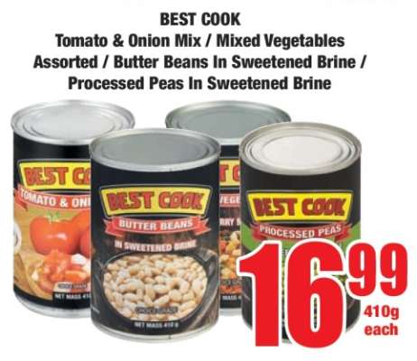 BEST COOK Tomato & Onion Mix / Mixed Vegetables Assorted / Butter Beans In Sweetened Brine / Processed Peas In Sweetened Brine