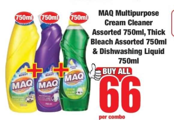 MAQ Multipurpose Cream Cleaner Assorted 750ml, Thick Bleach Assorted 750ml & Dishwashing Liquid 750ml