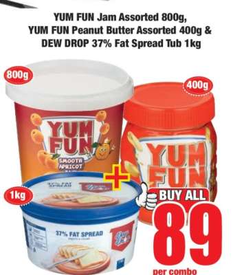 YUM FUN Jam Assorted 800g, YUM FUN Peanut Butter Assorted 400g & DEW DROP 37% Fat Spread Tub 1kg