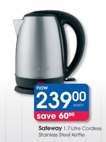 Safeway 1.7 Litre Cordless Stainless Steel Kettle