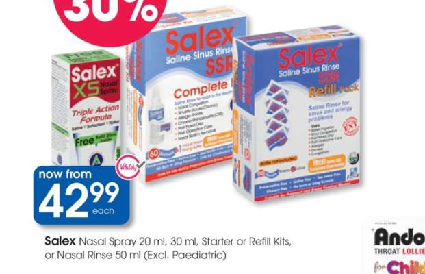 Salex Nasal Spray 20 ml, 30 ml, Starter or Refill Kits, or Nasal Rinse 50 ml (Excl. Paediatric)