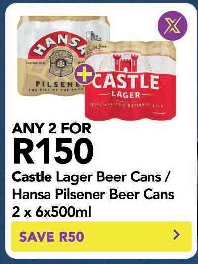 Castle Lager Beer Cans / Hansa Pilsener Beer Cans 2 x 6x500ml