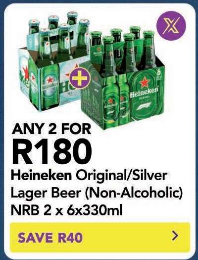 Heineken Original/Silver Lager Beer (Non-Alcoholic) NRB 2 x 6x330ml