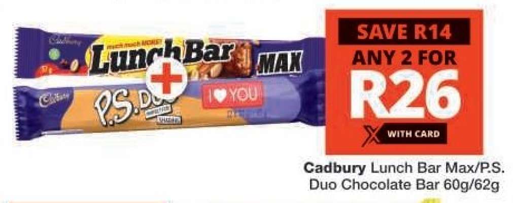 Cadbury Lunch Bar Max/P.S. Duo Chocolate Bar 60g/62g