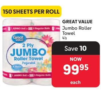 GREAT VALUE Jumbo Roller Towel 4's