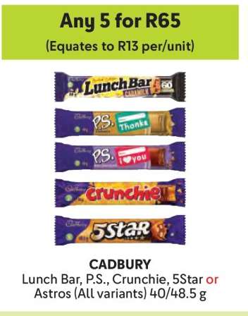 CADBURY Lunch Bar, P.S., Crunchie, 5Star or Astros