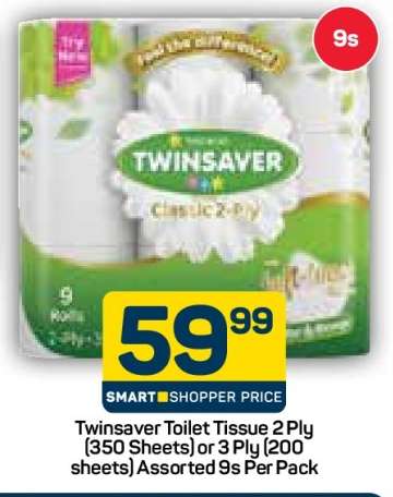 Twinsaver Toilet Tissue 2 Ply (350 Sheets) or 3 Ply (200 sheets) Assorted 9s Per Pack