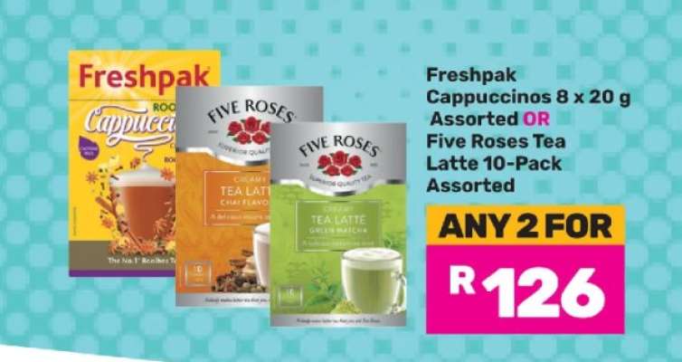 Freshpak Cappuccinos 8 x 20 g Assorted OR Five Roses Tea Latte 10-Pack Assorted