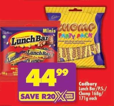 Cadbury Lunch Bar/P.S./Chomp 168g/171g each