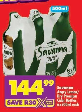 Savanna Angry Lemon/Dry Premium Cider Bottles 6x500ml each