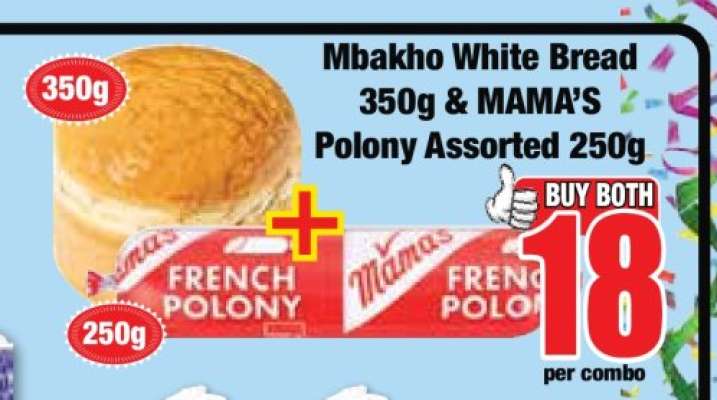Mbakho White Bread 350g & MAMA’S Polony Assorted 250g