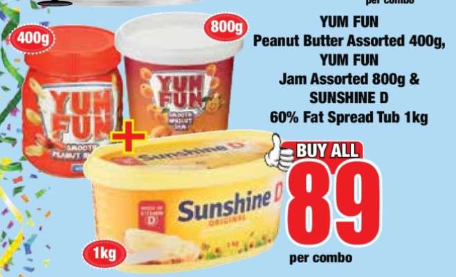 YUM FUN Peanut Butter Assorted 400g, YUM FUN Jam Assorted 800g & SUNSHINE D 60% Fat Spread Tub 1kg