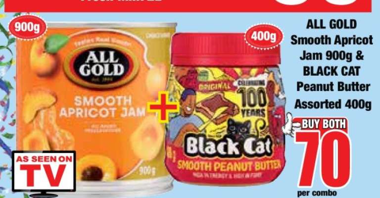 ALL GOLD Smooth Apricot Jam 900g & BLACK CAT Peanut Butter Assorted 400g