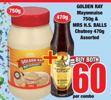 GOLDEN RAY Mayonnaise 750g & MRS H.S. BALLS Chutney 470g Assorted
