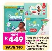 Pampers Ultra Skin Nappies OR Pants OR Premium Care Nappies Mega Box