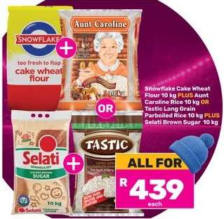 Snowflake Cake Wheat Flour, Aunt Caroline Rice or Tastic Long Grain Parboiled Rice, Selati Brown Sugar