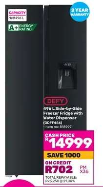 DEFY 496 L Side-by-Side Freezer Fridge with Water Dispenser (GDFF456)