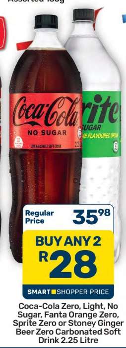 Coca-Cola Zero, Light, No Sugar, Fanta Orange Zero, Sprite Zero or Stoney Ginger Beer Zero Carbonated Soft Drink 2.25 Litre