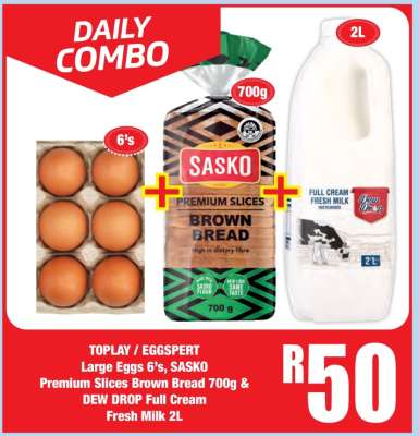TOPLAY / EGGSPERT Large Eggs 6’s, SASKO Premium Slices Brown Bread 700g & DEW DROP Full Cream Fresh Milk 2L