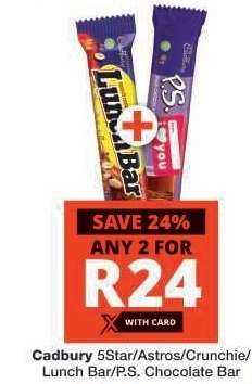 Cadbury 5Star/Astros/Crunchie/Lunch Bar/P.S. Chocolate Bar