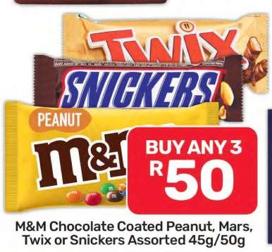 M&M Chocolate Coated Peanut, Mars, Twix or Snickers Assorted 45g/50g