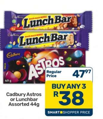 Cadbury Astros or Lunchbar Assorted 44g