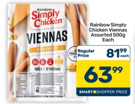Rainbow Simply Chicken Viennas Assorted 500g