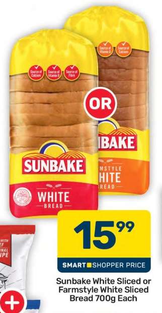 Sunbake White Sliced or Farmstyle White Sliced Bread 700g