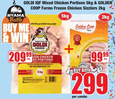 GOLDI IQF Mixed Chicken Portions 5kg & GOLDEN COOP Farms Frozen Chicken Sizzlers 2kg