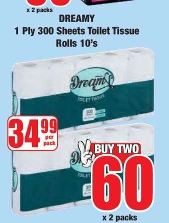 DREAMY 1 Ply 300 Sheets Toilet Tissue Rolls 10's