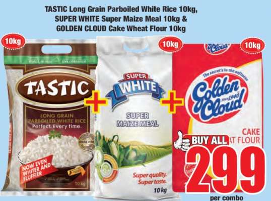 TASTIC Long Grain Parboiled White Rice 10kg, SUPER WHITE Super Maize Meal 10kg & GOLDEN CLOUD Cake Wheat Flour 10kg