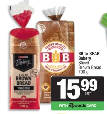 BB or SPAR Bakery Sliced Brown Bread