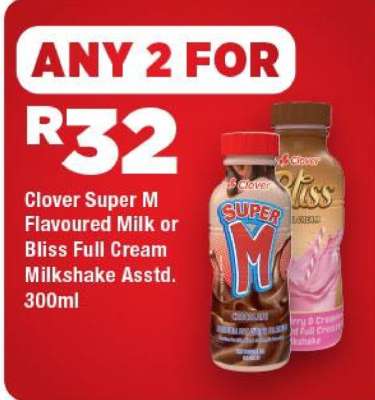 Clover Super M Flavoured Milk or Bliss Full Cream Milkshake