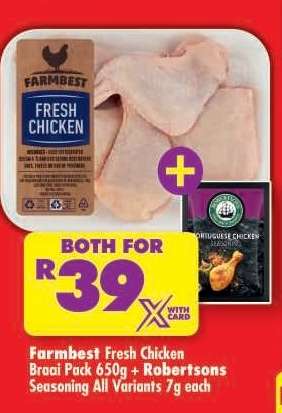 Farmbest Fresh Chicken Braai Pack 650g + Robertsons Seasoning All Variants 7g each