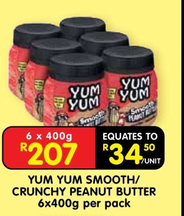 YUM YUM SMOOTH/CRUNCHY PEANUT BUTTER 6x400g per pack