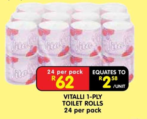 VITALLI 1-PLY TOILET ROLLS 24 per pack