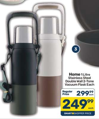 Home 1 Litre Stainless Steel Double Wall 2-Tone Vacuum Flask Each