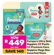Pampers Ultra Skin Nappies OR Pants OR Premium Care Nappies Mega Box Assorted Sizes