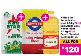 White Star Super Maize Meal, Snowflake Cake Wheat Flour, Econo Blended Cooking Oil