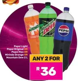 Pepsi Light, Pepsi Original, Pepsi Max, Mirinda Orange, Mountain Dew 2L