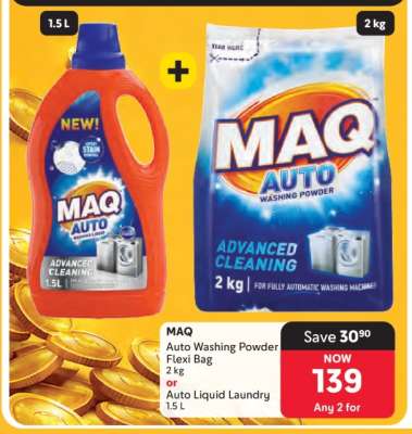 MAQ Auto Washing Powder Flexi Bag 2 kg or Auto Liquid Laundry 1.5 L