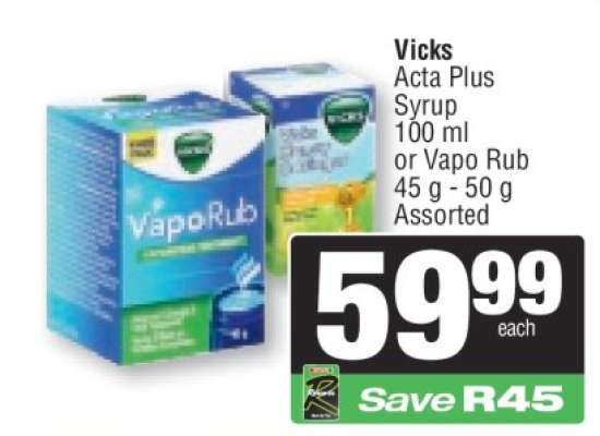 Vicks Acta Plus Syrup 100 ml or Vapo Rub 45 g - 50 g Assorted