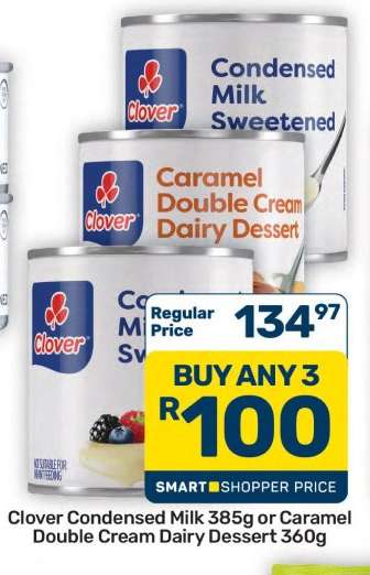 Clover Condensed Milk 385g or Caramel Double Cream Dairy Dessert 360g