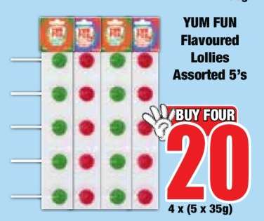 YUM FUN Flavoured Lollies Assorted 5's